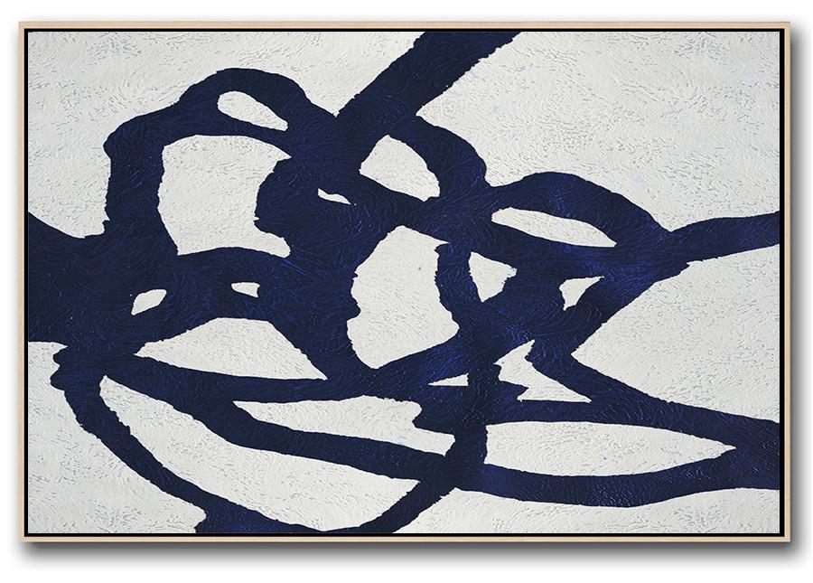 Horizontal Abstract Painting Navy Blue Minimalist Painting On Canvas - Large Abstract Prints Extra Large